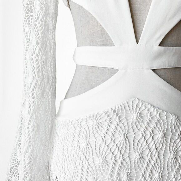 White Long Sleeve Sheer Lace Cutout VNeck Flowy A-Line Flared Maxi Dress Size S - Picture 7 of 7